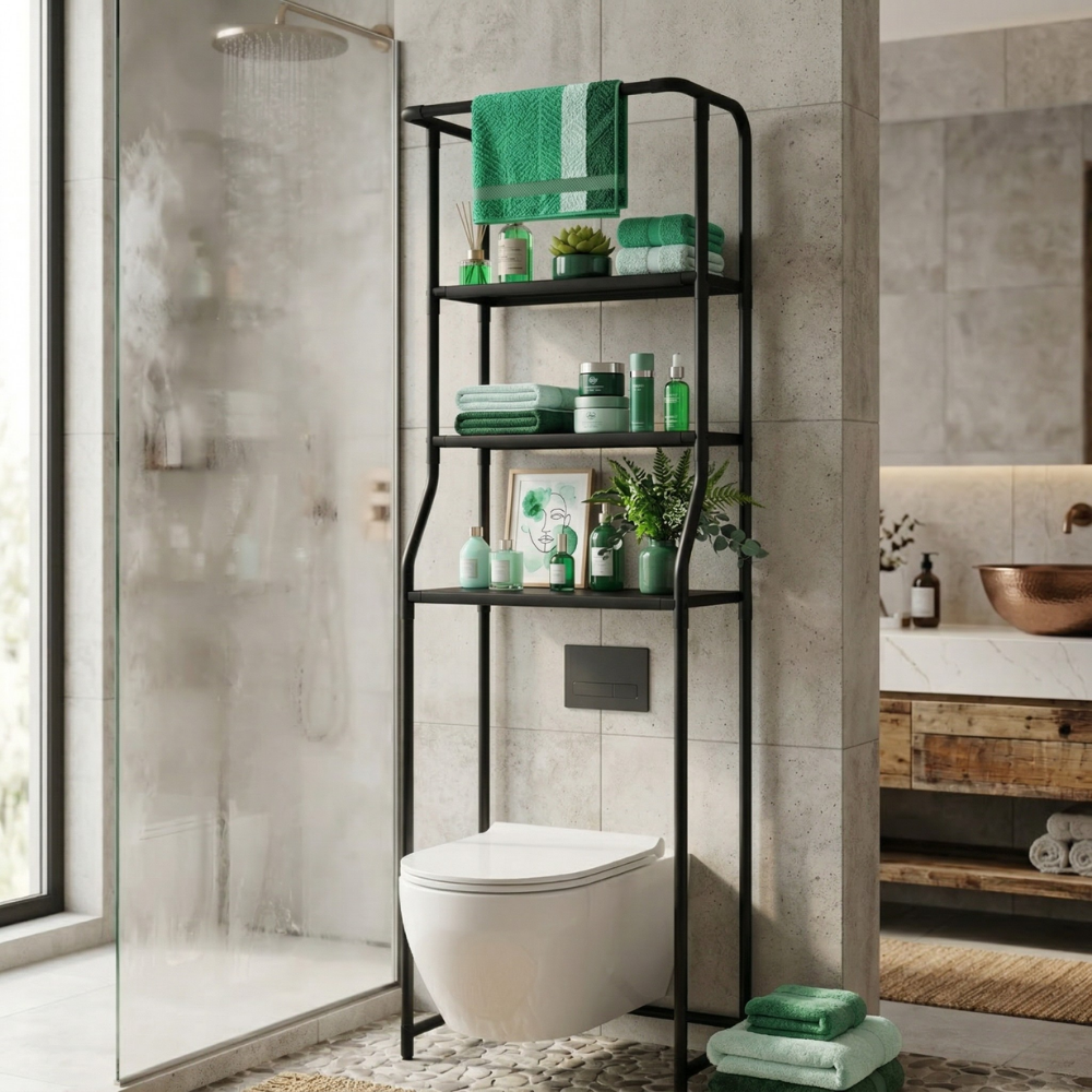 3-Tier Over-Toilet Storage Shelf | Freestanding Unit, No Drilling Required | Integrated Towel Bar, Available in Black or White