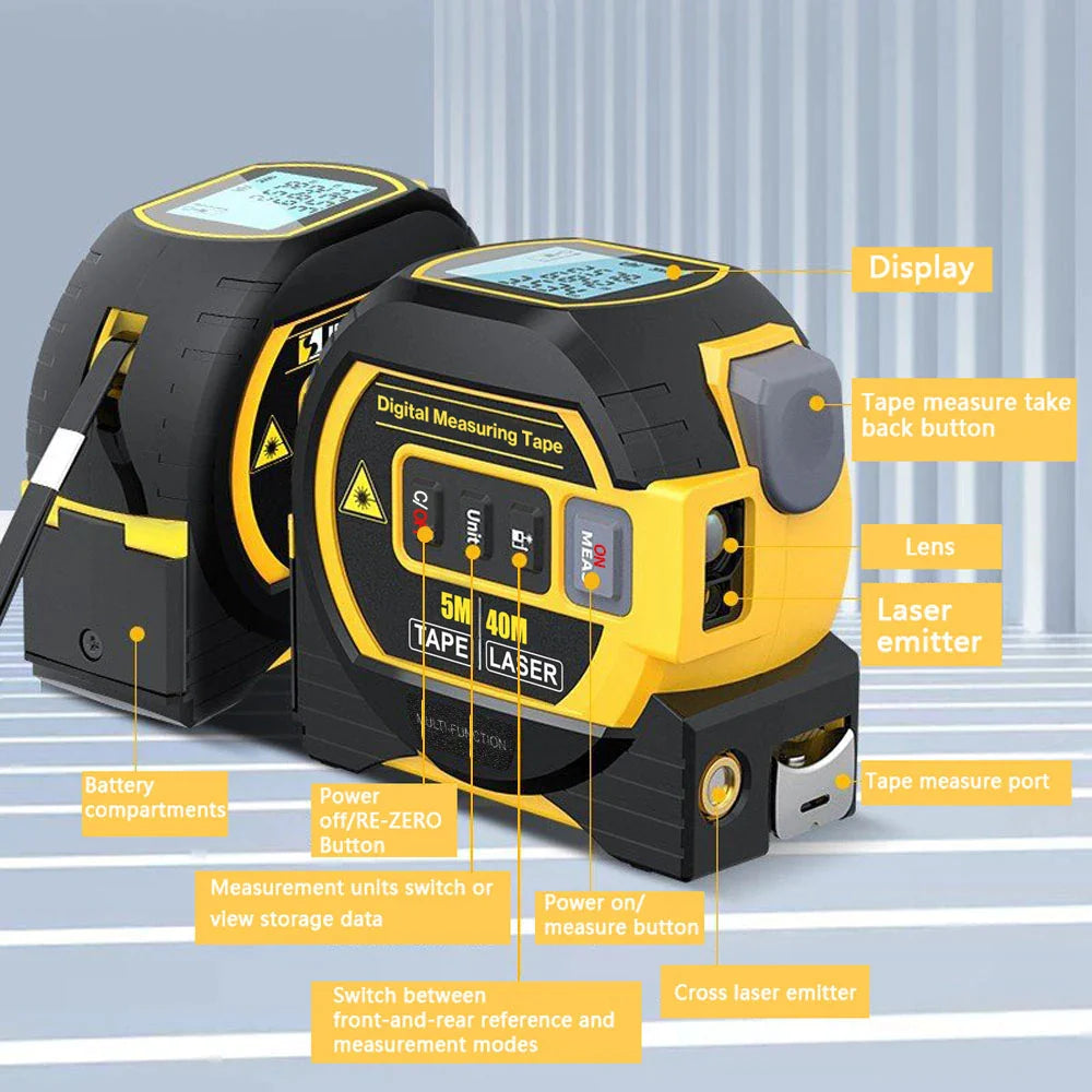 3-in-1 Laser Rangefinder | 40m Digital Laser & 5m Tape Measure Tool