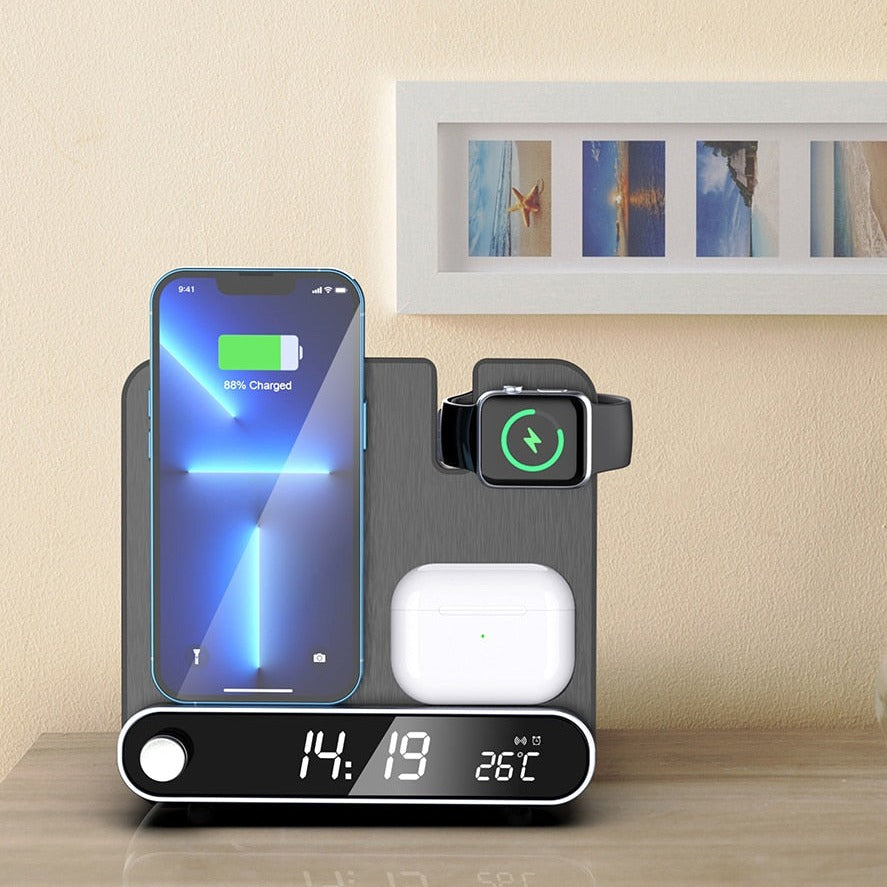 3-in-1 Wireless Charging Stand with Alarm Clock | Fast-Charges iPhone, Apple Watch & AirPods Together | 15W Qi Charger