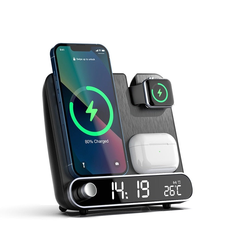 3-in-1 Wireless Charging Stand with Alarm Clock | Fast-Charges iPhone, Apple Watch & AirPods Together | 15W Qi Charger