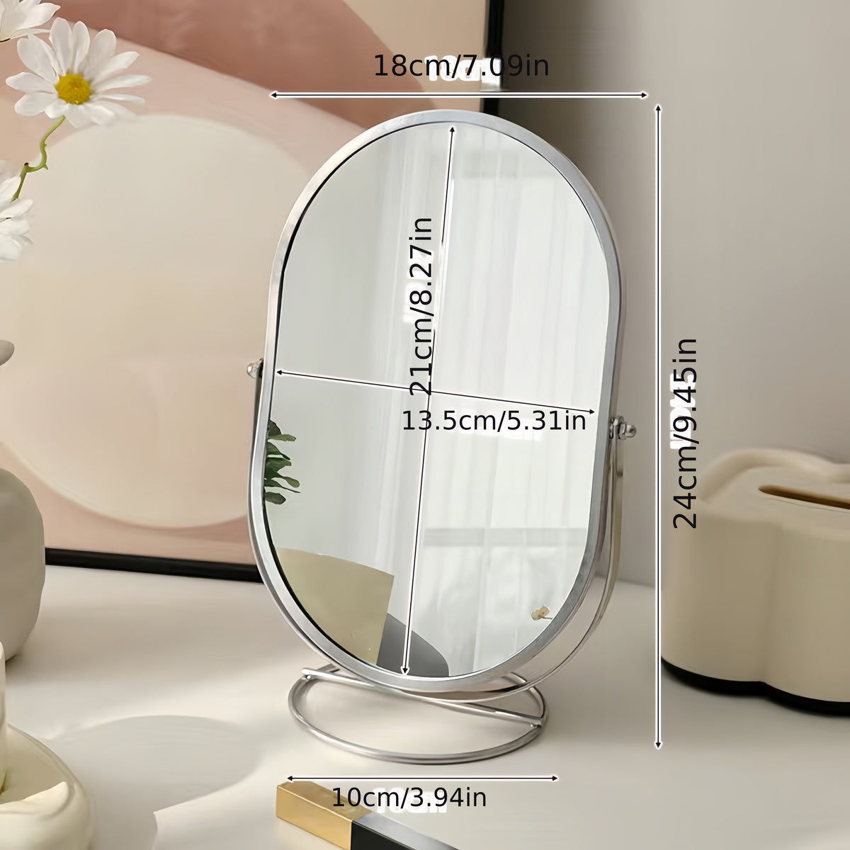 360° Rotating Makeup Mirror, Iron Frame | Tabletop Mount, No Batteries Needed | Clear View From Every Angle, Glass Surface