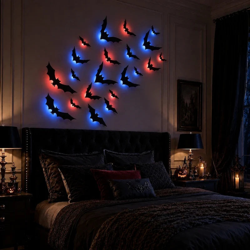 3D Bat Swarm Halloween Wall Decorations | 24, 48 or 72 Foldable PVC Bats | LED or Non-LED Versions for Atmospheric Spooky Display