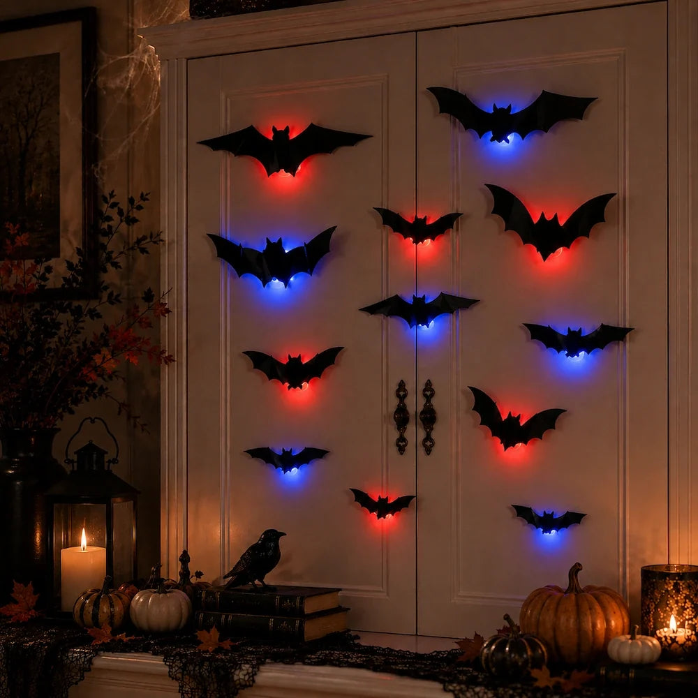 3D Bat Swarm Halloween Wall Decorations | 24, 48 or 72 Foldable PVC Bats | LED or Non-LED Versions for Atmospheric Spooky Display