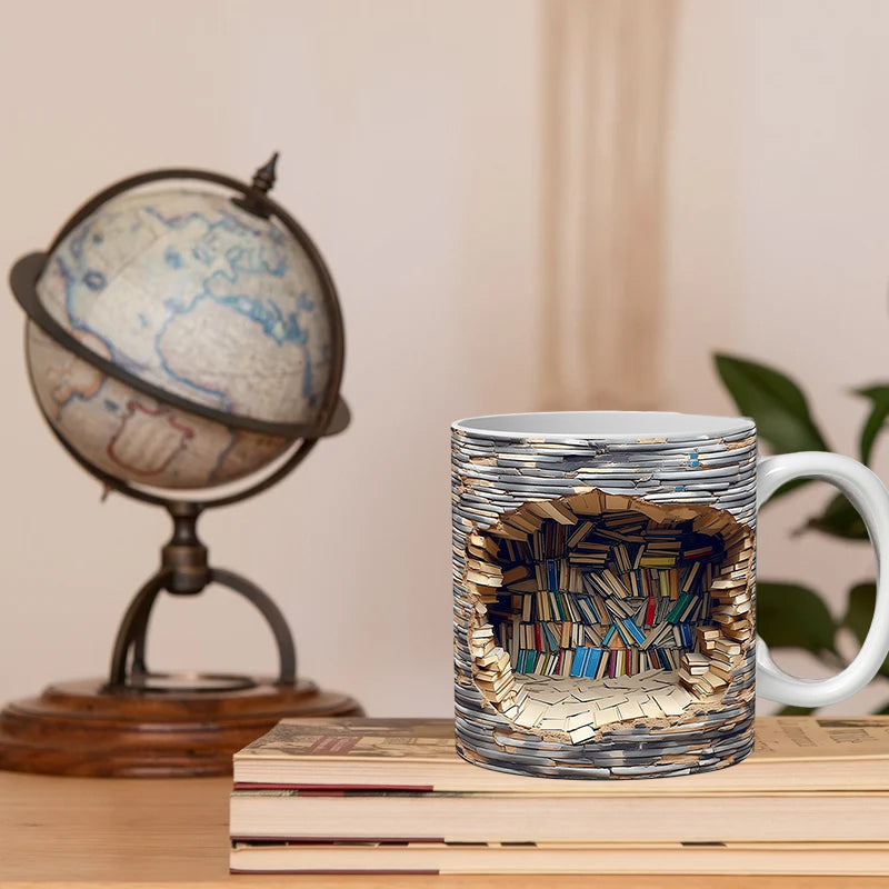 3D Bookshelf Mug Ceramic | Hole-In-The-Wall Book Design | Microwave & Dishwasher Safe Novelty Gift for Book Lovers