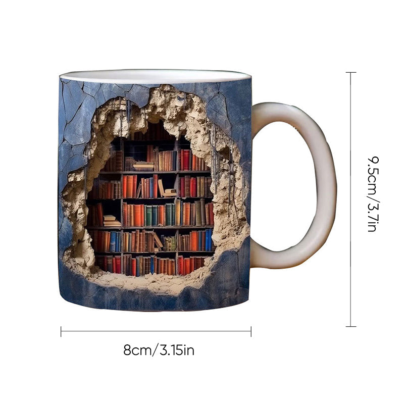 3D Bookshelf Mug Ceramic | Hole-In-The-Wall Book Design | Microwave & Dishwasher Safe Novelty Gift for Book Lovers