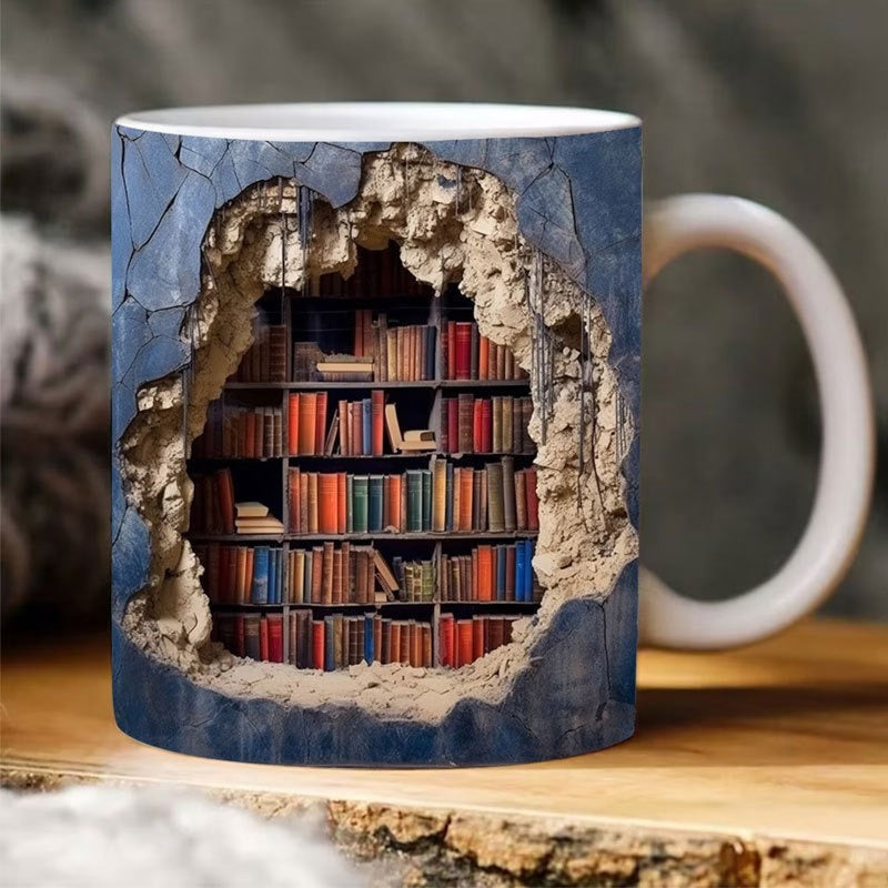 3D Bookshelf Mug Ceramic | Hole-In-The-Wall Book Design | Microwave & Dishwasher Safe Novelty Gift for Book Lovers
