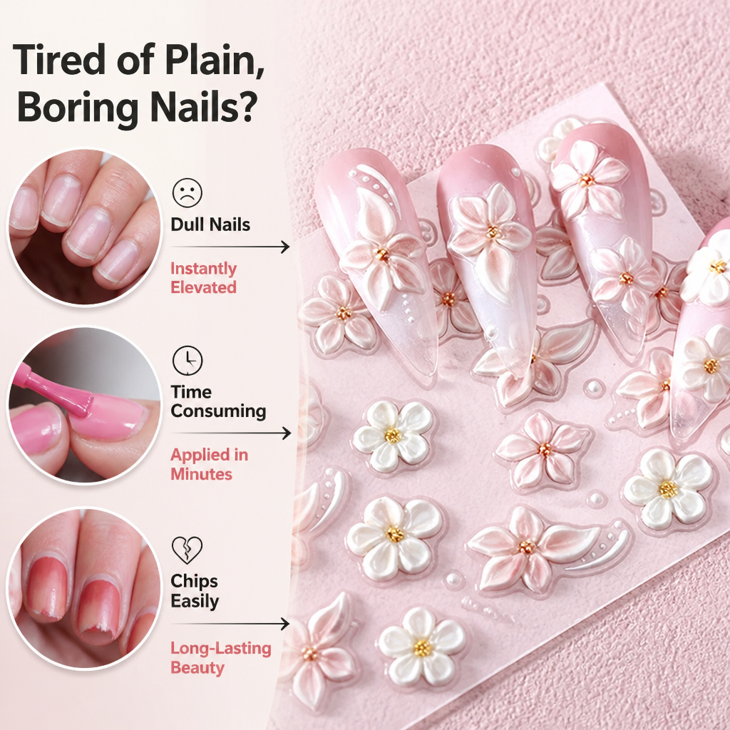 3D Floral Nail Stickers | Embossed Lily and Daisy Design | Peel-and-Stick Application for an Instant Salon Manicure
