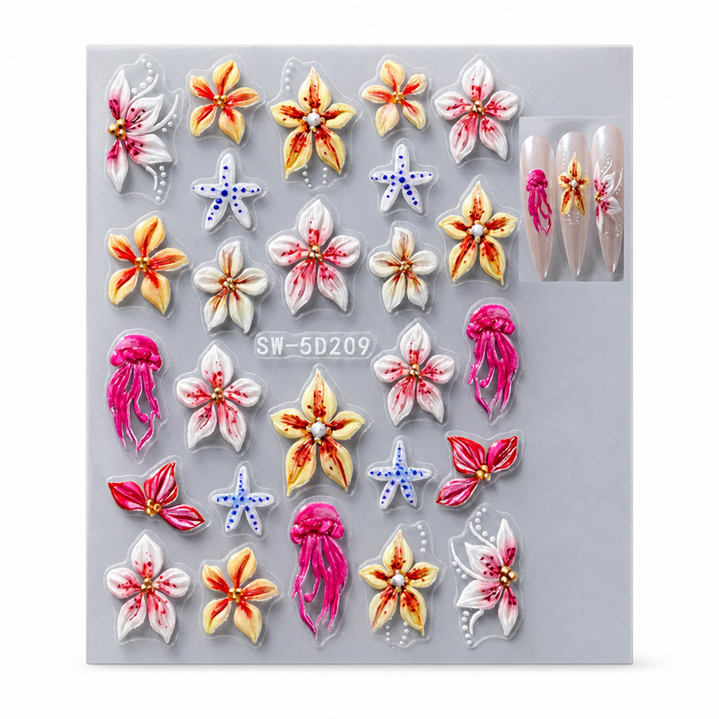 3D Floral Nail Stickers | Embossed Lily and Daisy Design | Peel-and-Stick Application for an Instant Salon Manicure