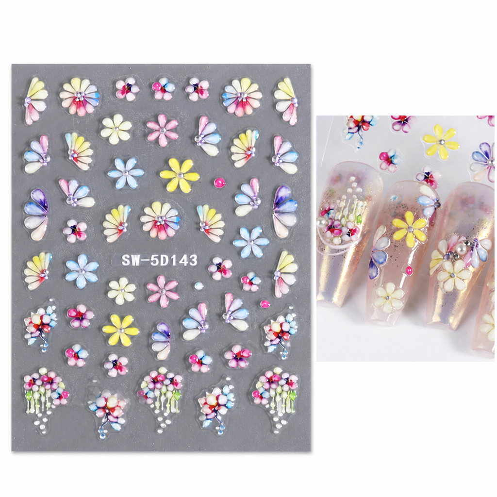 3D Floral Nail Stickers | Embossed Lily and Daisy Design | Peel-and-Stick Application for an Instant Salon Manicure