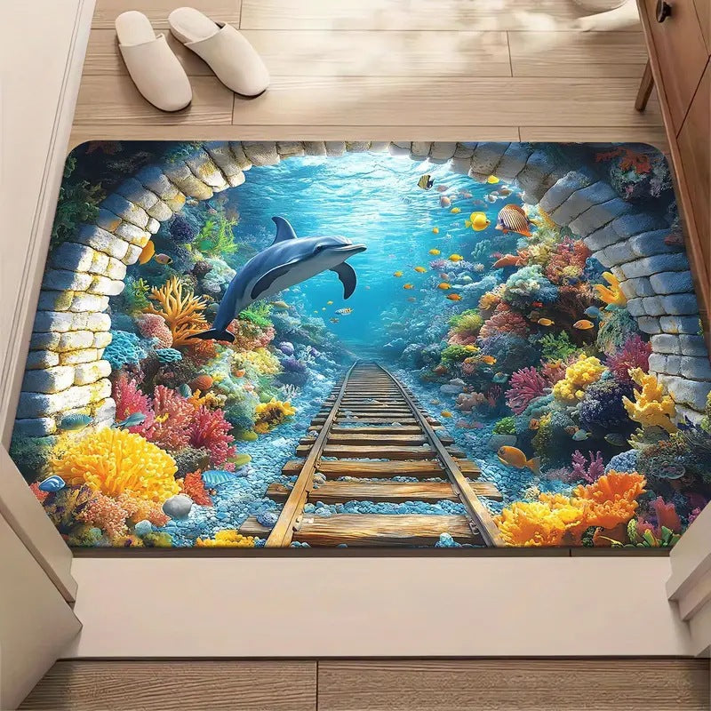 3D Illusion Area Mat | Realistic Ocean Depth Print with Non-Slip Backing | Washable Floor Rug for Living Rooms and Entryways