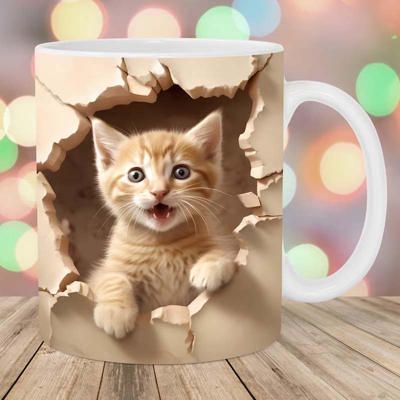 3D Kitten Mug Ceramic | Cat Peeking Through Hole In A Wall Design | 350ml Novelty Coffee Cup Gift for Cat Lovers