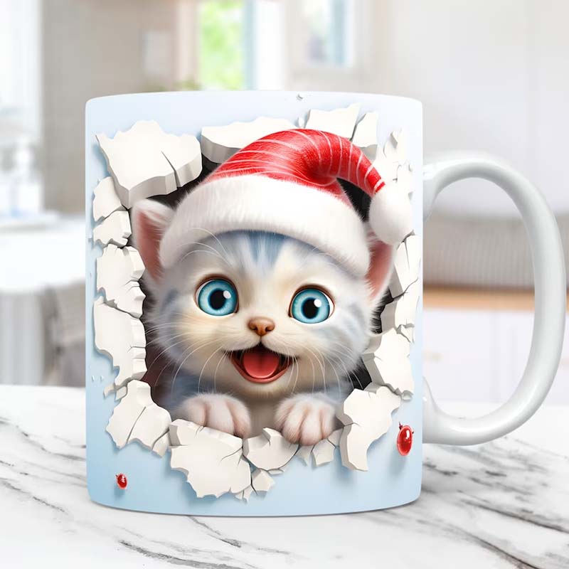 3D Kitten Mug Ceramic | Cat Peeking Through Hole In A Wall Design | 350ml Novelty Coffee Cup Gift for Cat Lovers