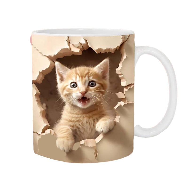 3D Kitten Mug Ceramic | Cat Peeking Through Hole In A Wall Design | 350ml Novelty Coffee Cup Gift for Cat Lovers