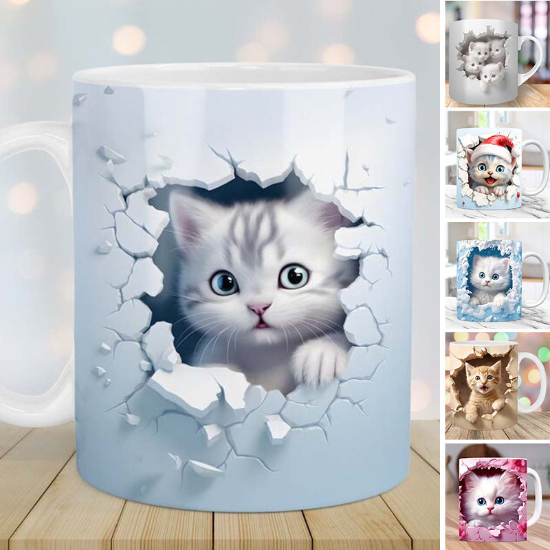 3D Kitten Mug Ceramic | Cat Peeking Through Hole In A Wall Design | 350ml Novelty Coffee Cup Gift for Cat Lovers