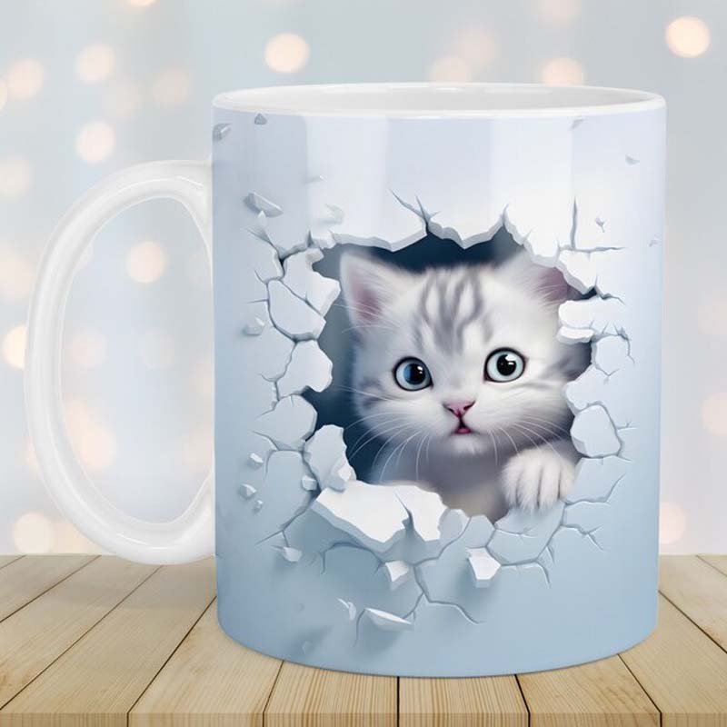 3D Kitten Mug Ceramic | Cat Peeking Through Hole In A Wall Design | 350ml Novelty Coffee Cup Gift for Cat Lovers