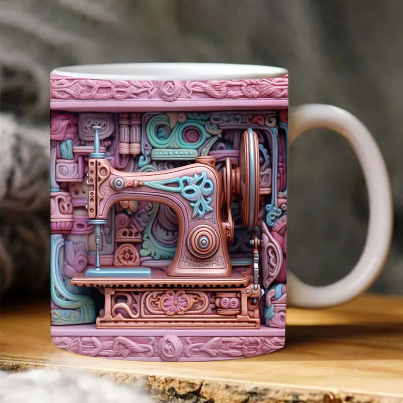 3D Sewing Design Ceramic Mug | Raised Textured Sewing Pattern Decor | Microwave & Dishwasher Safe Coffee Mug Gift