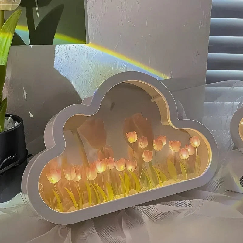 Tulip Cloud Night Light Acrylic | Mirrored Infinity Effect | 20 Warm White Tulips, Cordless, Medium & Large, 50-Hour Battery 13