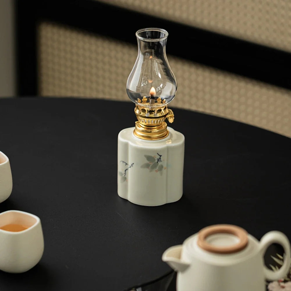 Ceramic Oil Lantern with Glass Shade, 18 cm | Adjustable Wick Flame, Bud or Classic Shape | Windproof Ambient Lighting 19