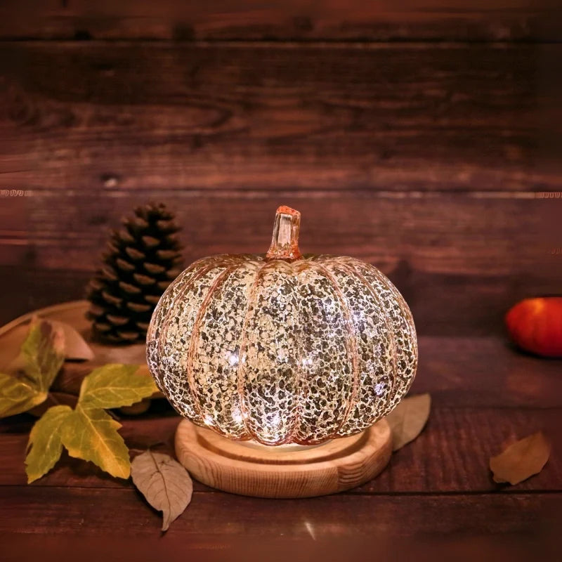 Hand-Blown Glass Pumpkin Lamp Autumn Decor | Built-In 6-Hour Timer Function | Silvered Glass Finish, Battery Powered 12