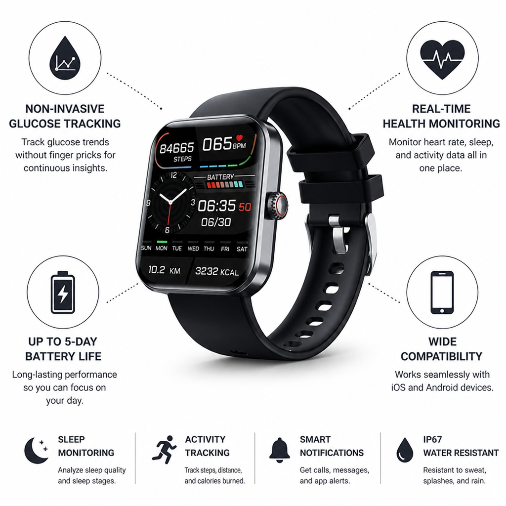 Non-Invasive Glucose Tracking Smartwatch | Heart Rate, Sleep & Activity Monitor | Up to 5-Day Battery, iOS/Android 4