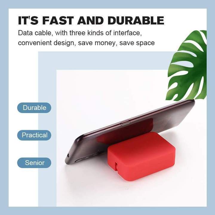 4-in-1 Charging Cable Phone Stand | Lightning, Micro-USB & USB-C Ports | Retractable 1m Cable Doubles as Phone Holder