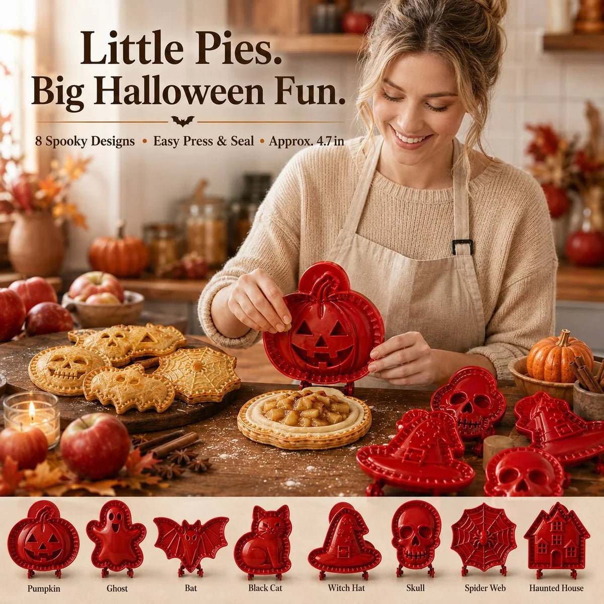 Halloween Hand Pie Mold Set | 8 Spooky Shapes, Snap & Seal Hinged Design | Plastic, Oven-Safe Prep for Hand Pies 1