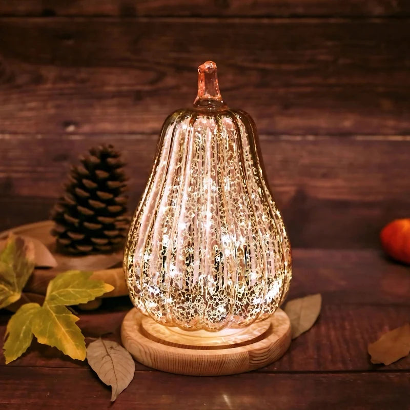 Hand-Blown Glass Pumpkin Lamp Autumn Decor | Built-In 6-Hour Timer Function | Silvered Glass Finish, Battery Powered 11