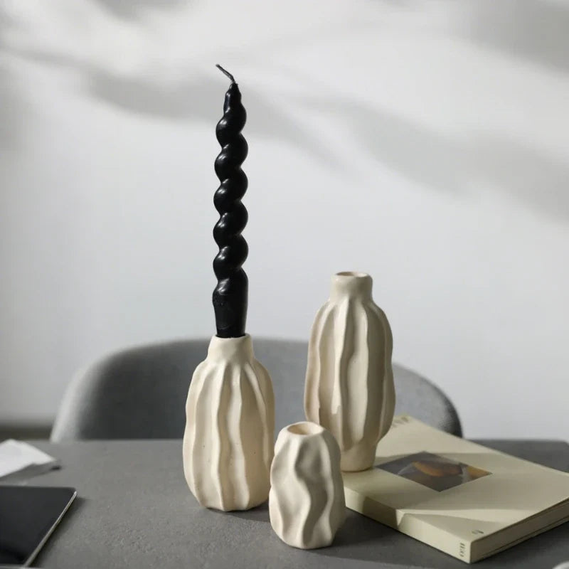 Rippled Ceramic Candle Holder, 8-15 cm | Hand-Crafted Matte Finish, 4 Sizes | Fits Taper Candles, Sold Individually or as Set of 4 2
