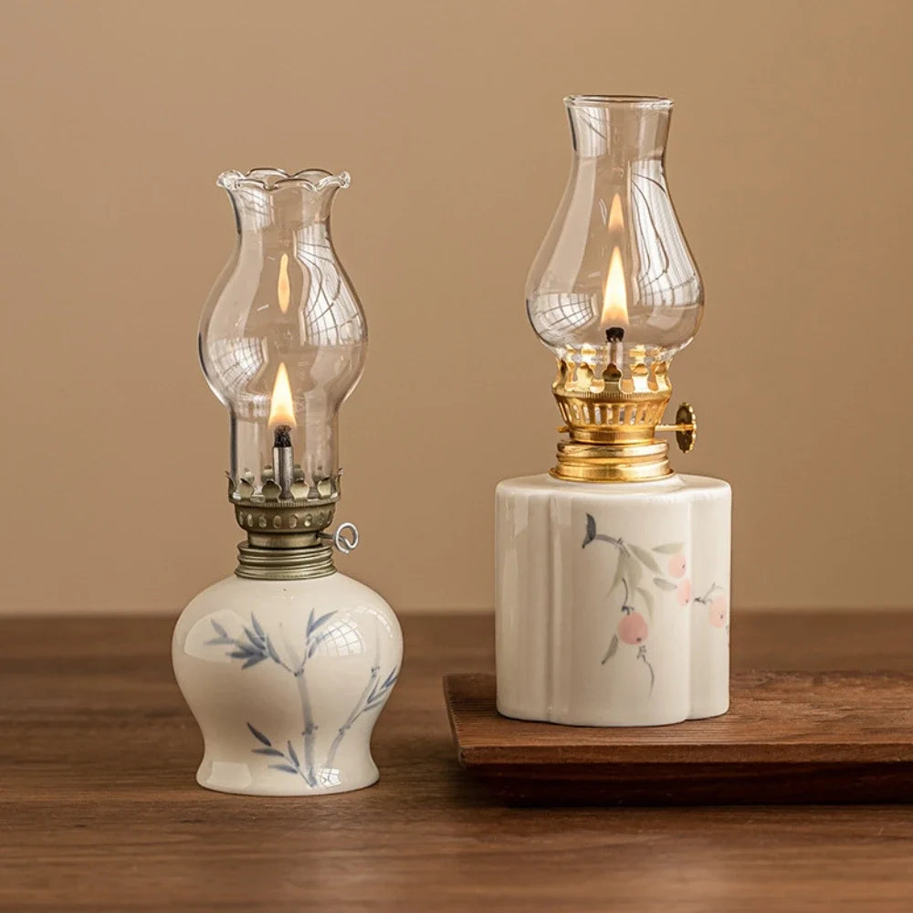 Ceramic Oil Lantern with Glass Shade, 18 cm | Adjustable Wick Flame, Bud or Classic Shape | Windproof Ambient Lighting 2