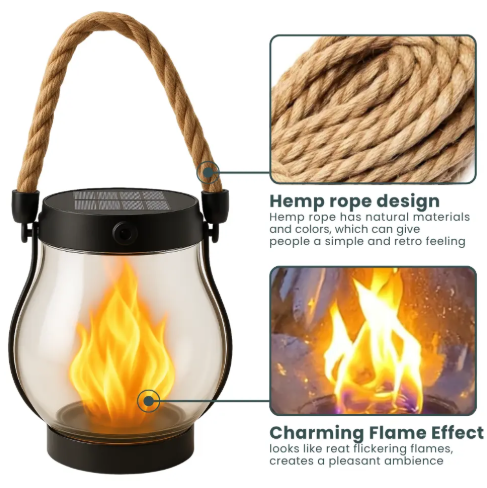 Solar Flame Lantern, Weatherproof Plastic | 25 x 13 cm, 12-Hour Solar Glow | Hemp Rope Wrap, Rain & Wind Resistant 2
