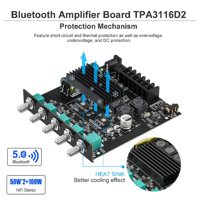 2.1 Channel Power Amplifier Module | Bluetooth & AUX Input with Bass Treble Control | 50 W x2 + 100 W Subwoofer Output 11