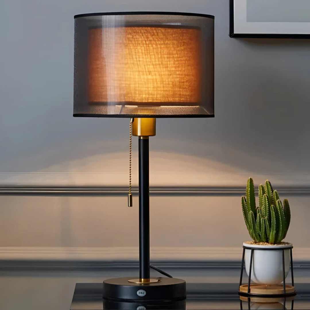 Table Lamp with Double-Layer Fabric Shade | Vintage Metal Base for Bedroom & Living Room | Warm White Ambient Lighting 1