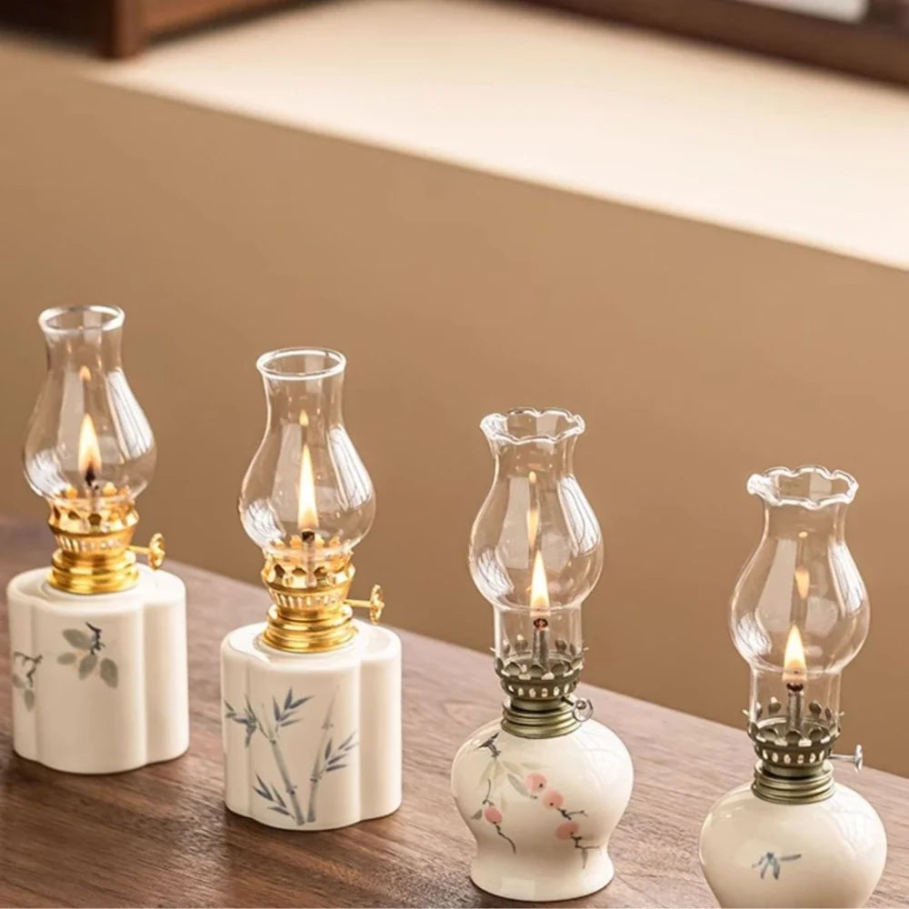 Ceramic Oil Lantern with Glass Shade, 18 cm | Adjustable Wick Flame, Bud or Classic Shape | Windproof Ambient Lighting 11