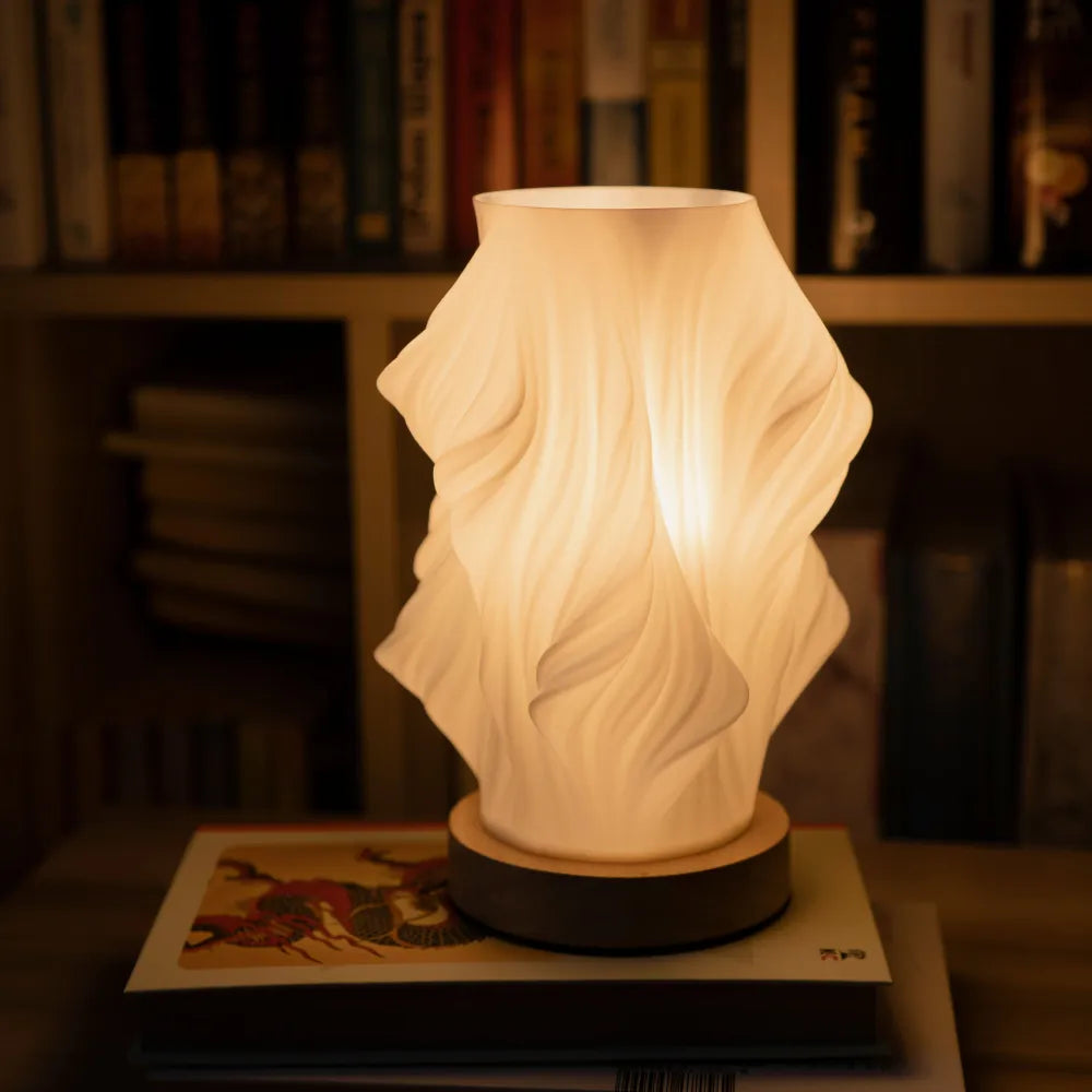 Sculpted Shade Table Lamp Wood Base | Wave, Swirl or Cloud Style, Medium or Large | Dimmable Warm & Natural White, USB Powered 8