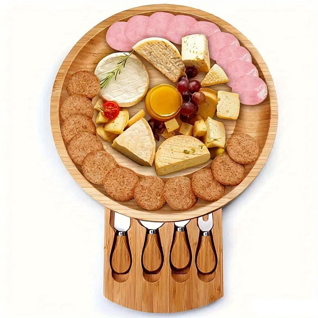 Bamboo Cheese Board Set with Drawer | Built-In Cutlery and Serving Tools | Portable Design for Parties and Picnics 10