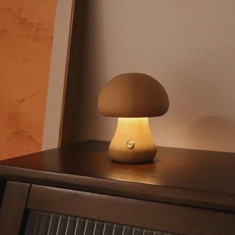 Wooden Mushroom Table Lamp Solid Wood | Cordless Rechargeable Dimmable Nightlight | Up to 10 Hours Warm White Glow 7