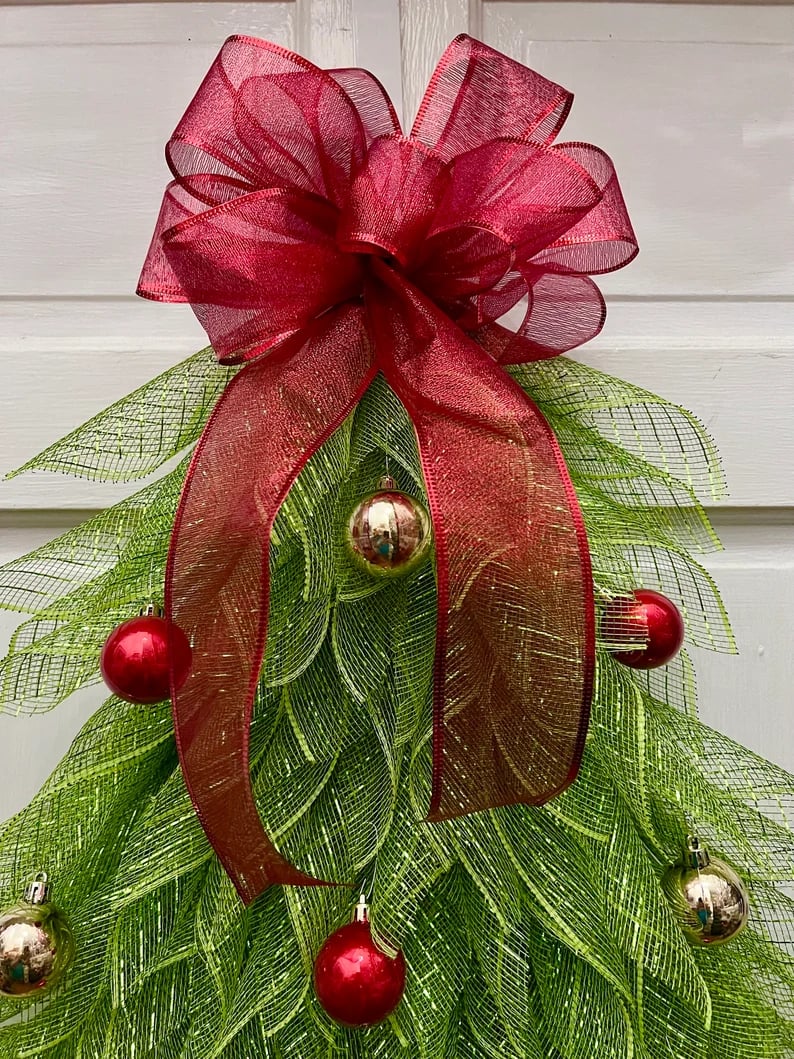 Christmas Tree Door Garland | 40 x 20 cm | Handmade Weatherproof Burlap with Bow, Berries & Warm Light Options 9