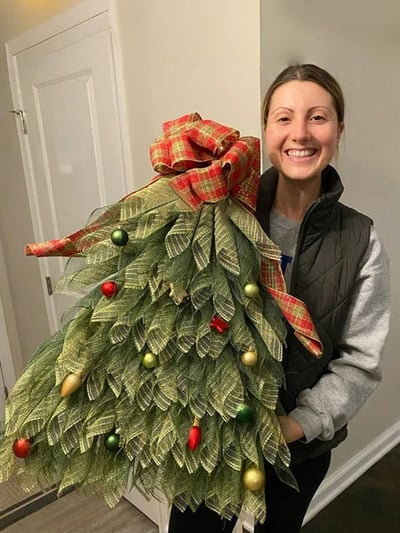 Christmas Tree Door Garland | 40 x 20 cm | Handmade Weatherproof Burlap with Bow, Berries & Warm Light Options 11