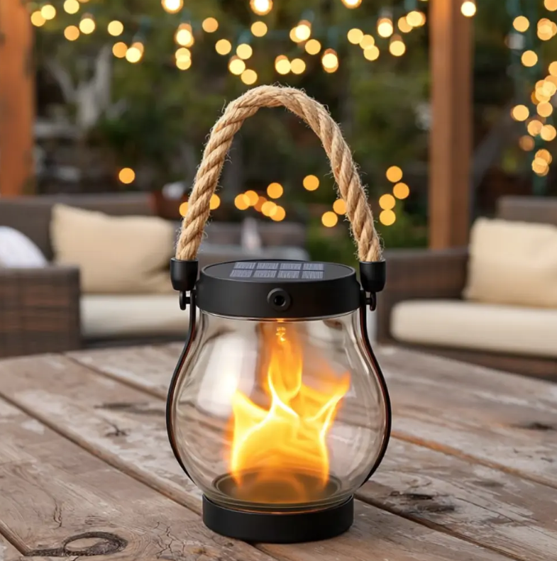Solar Flame Lantern, Weatherproof Plastic | 25 x 13 cm, 12-Hour Solar Glow | Hemp Rope Wrap, Rain & Wind Resistant 4