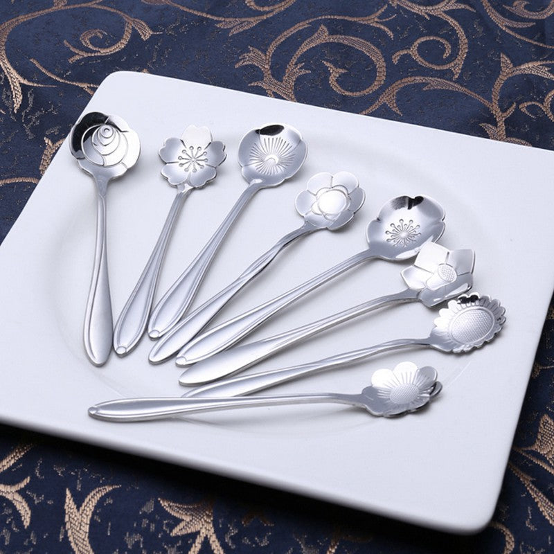 8Pcs Flower Spoon Set Small Coffee Spoon Silver Gold Stainless Steel 2