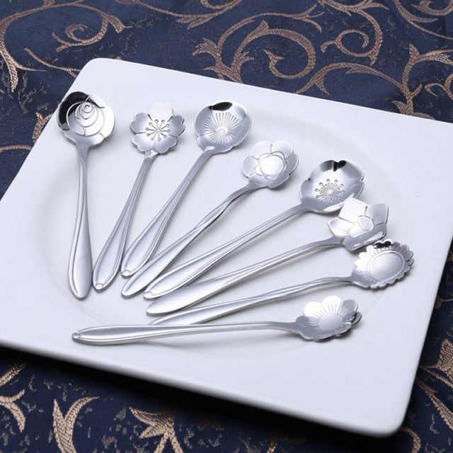 8Pcs Flower Spoon Set Small Coffee Spoon Silver Gold Stainless Steel 7