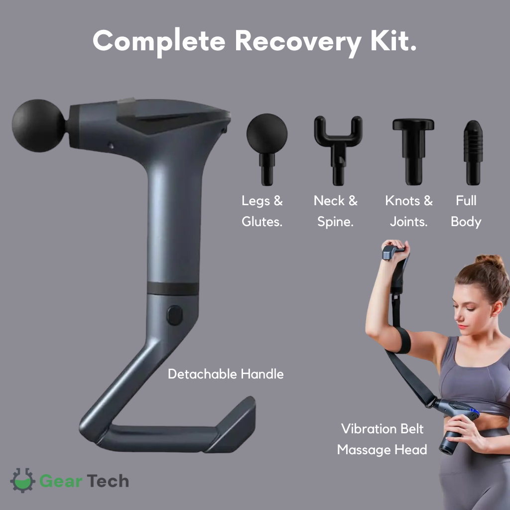 Handheld Massage Gun with Detachable Extension Handle | 8kg Thrust, 12 Speed Percussion | Vibration Belt & 4 Heads Included 9