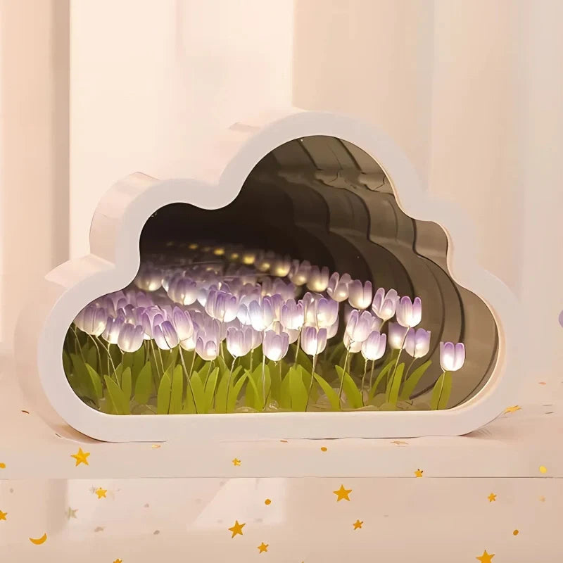 Tulip Cloud Night Light Acrylic | Mirrored Infinity Effect | 20 Warm White Tulips, Cordless, Medium & Large, 50-Hour Battery 12