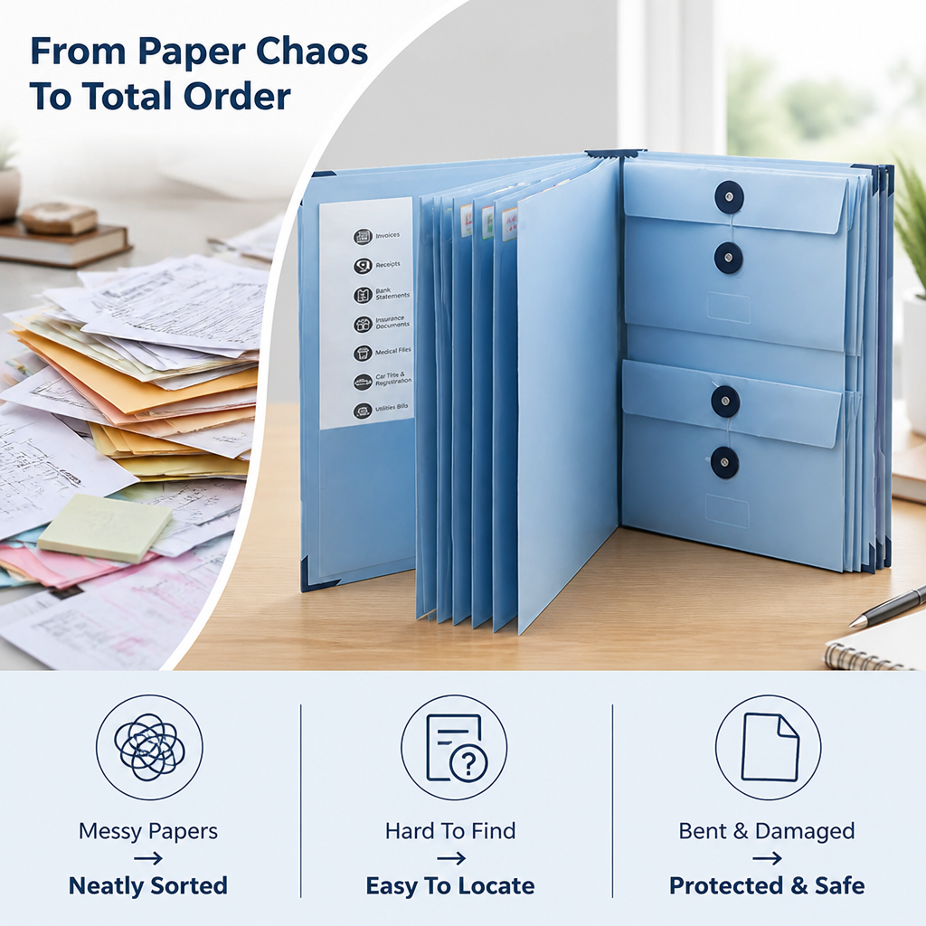 Accordion Document Organiser Acid-Free | 12 Expanding Pockets with Secure Closures | Keeps Papers Protected and Sorted