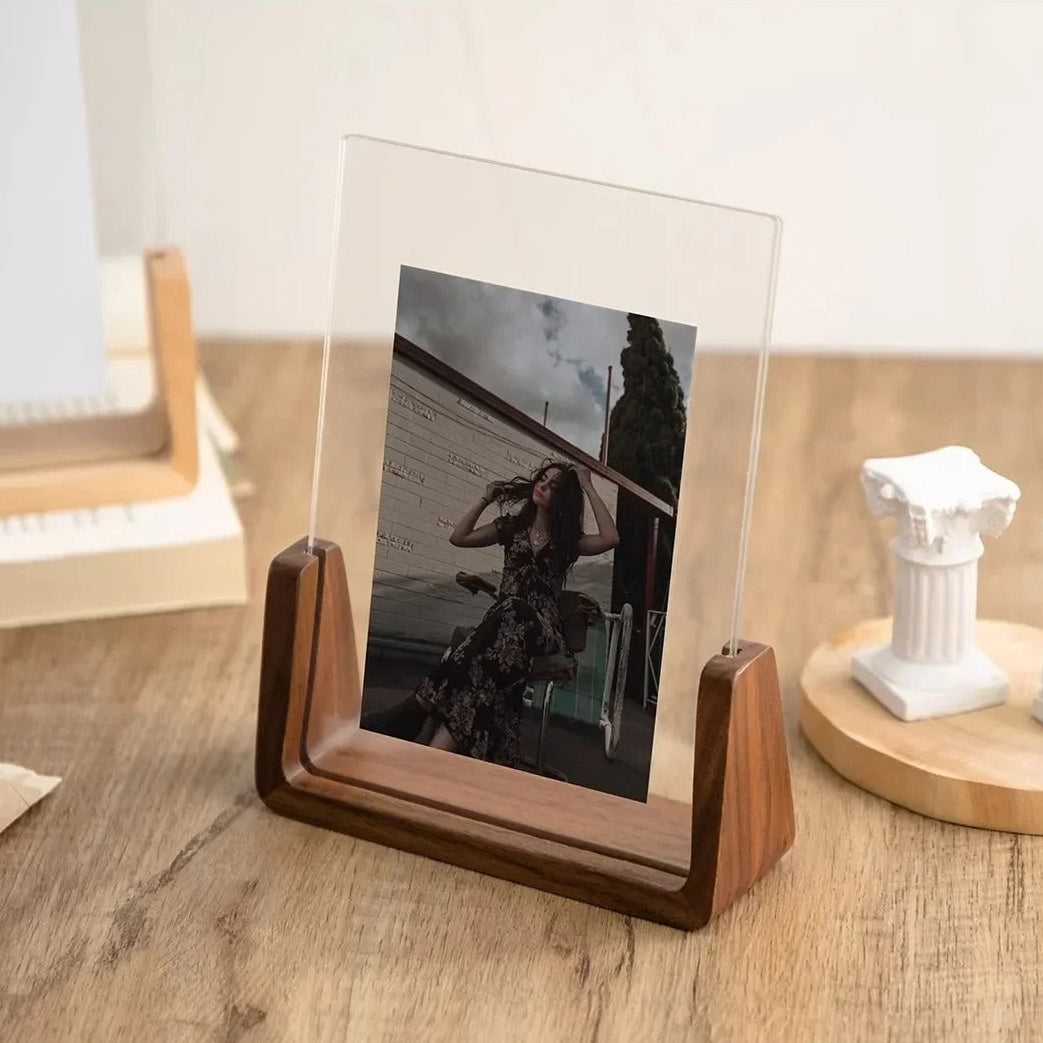 Acrevo | Acrylic Desktop Photo Frame - Beech or Walnut Base