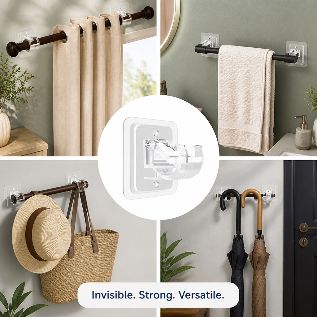 Adjustable Curtain Rod Brackets | Nearly Invisible Design Fits Any Rod | Secure Hold on Drywall, Plaster and Concrete