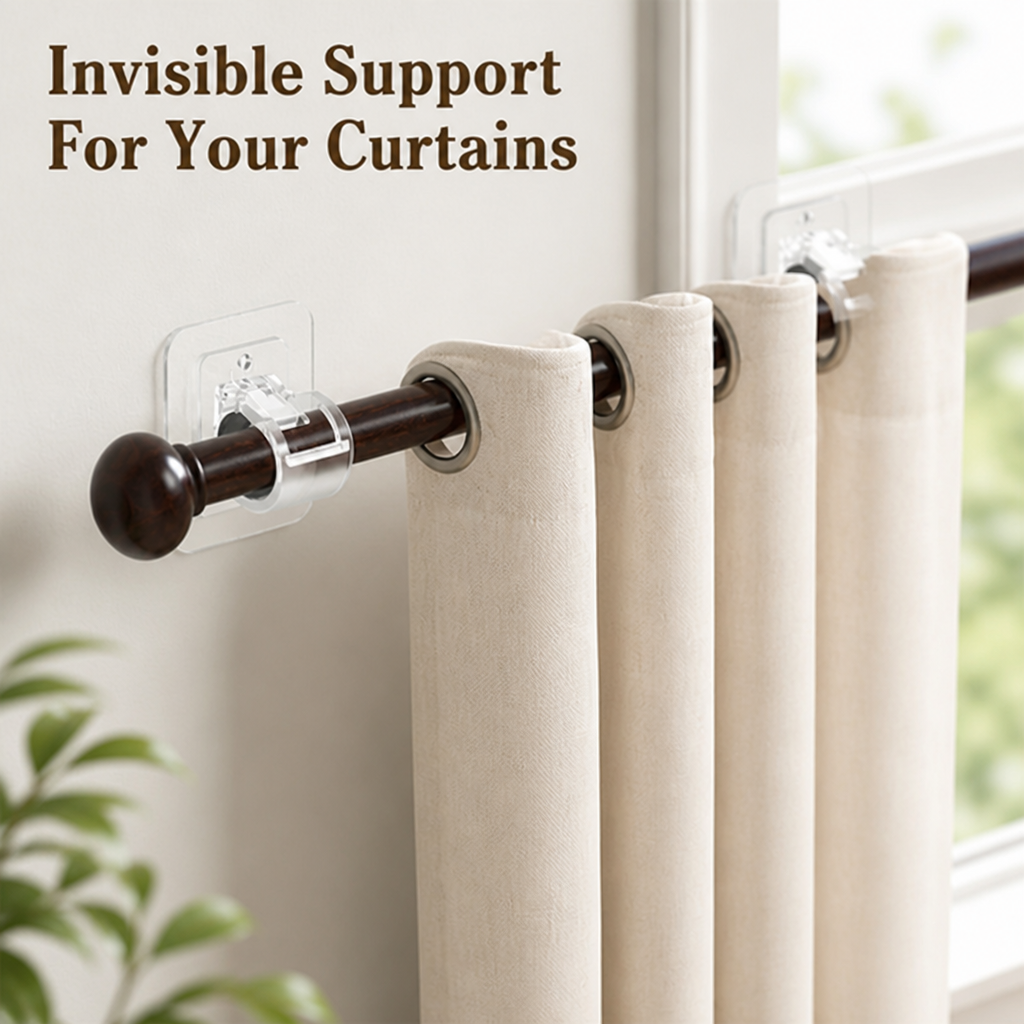 Adjustable Curtain Rod Brackets | Nearly Invisible Design Fits Any Rod | Secure Hold on Drywall, Plaster and Concrete