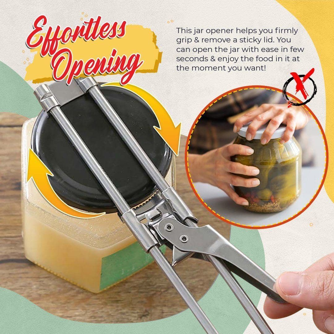 Adjustable Jar & Bottle Opener Stainless Steel | Adjustable Toothed Clamp Fits 0.5-11.2 cm Lids | Anti-Slip Secure Grip