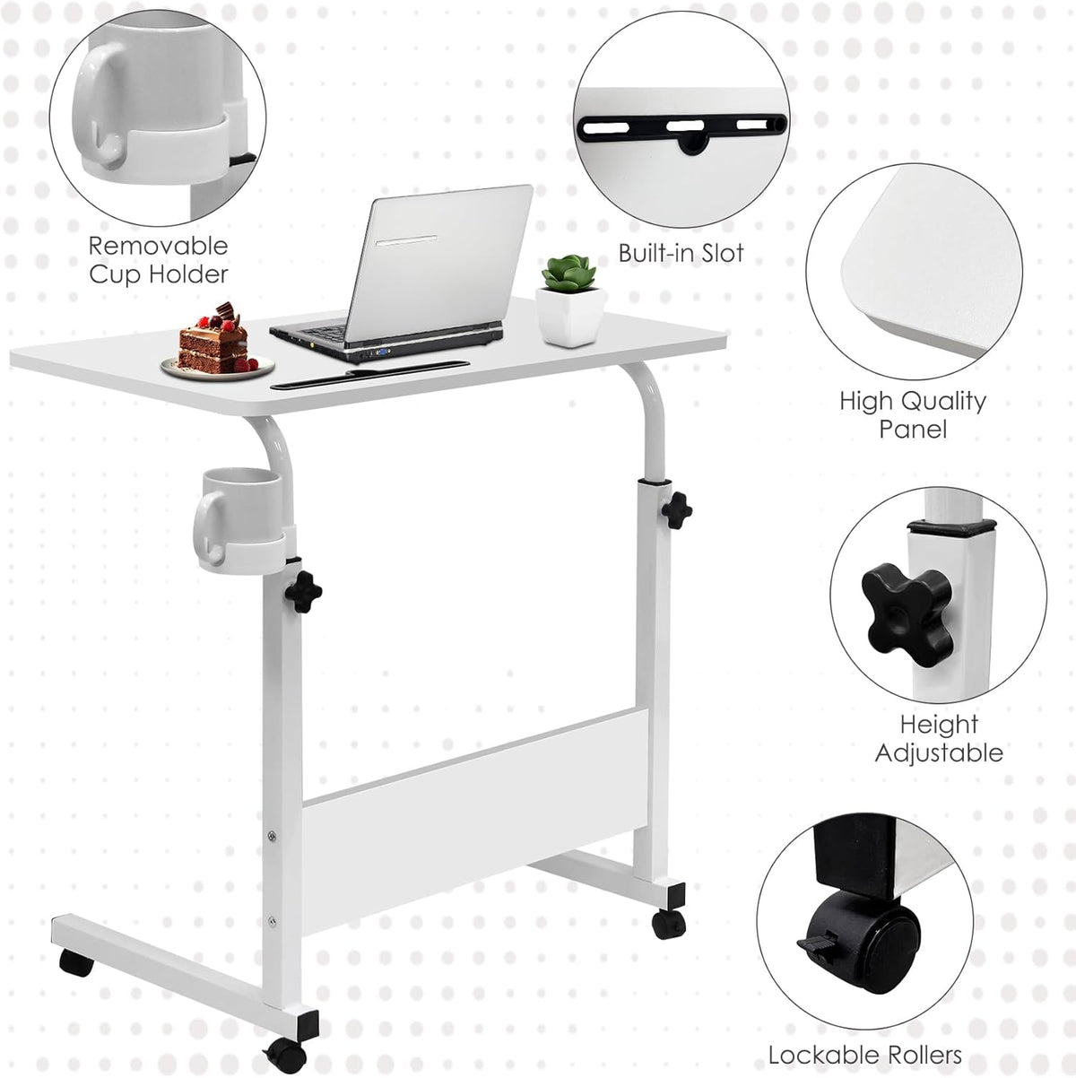 Adjustable Laptop Desk Wooden Surface Metal Frame | Height-Adjustable with Wheels | Ergonomic Use for Home Office, Bed or Sofa