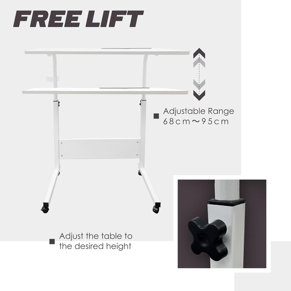 Adjustable Laptop Desk Wooden Surface Metal Frame | Height-Adjustable with Wheels | Ergonomic Use for Home Office, Bed or Sofa
